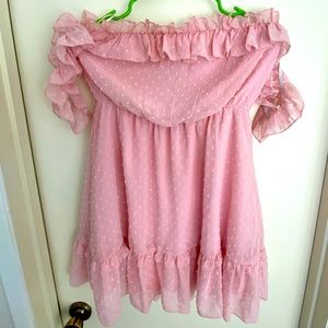 Pink Swiss dot strapless dress with off the shoulder ruffles Size M double crazy